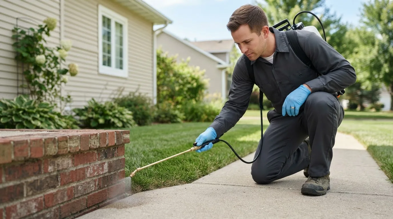 Pest control technician treating a home near New Ipswich, NH
